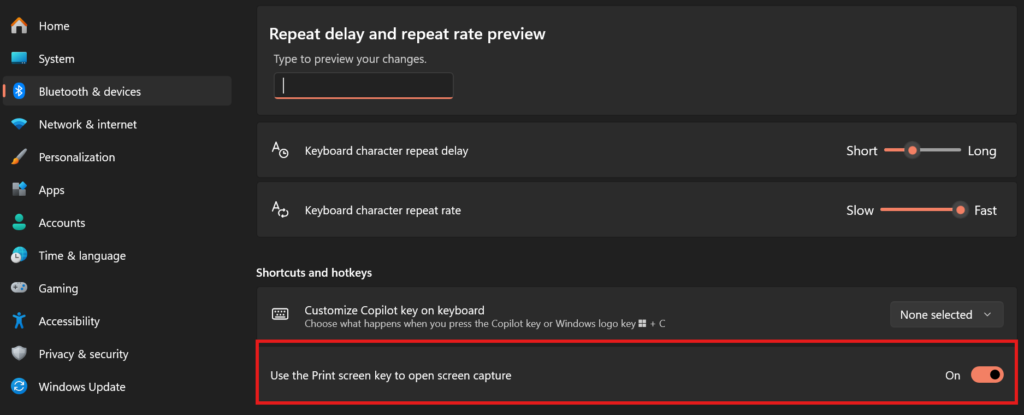 enable Use the Print Screen key to open screen capture